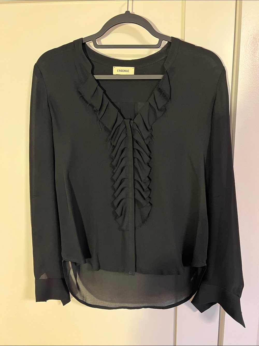 L'AGENCE Black Ruffle-Front Sheer Silk Blouse